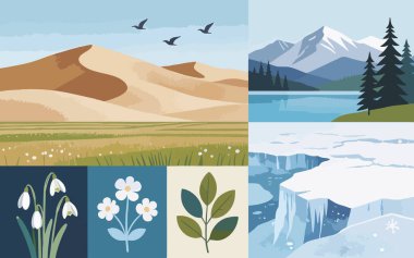 Soyut Geometrik Doğa Manzaraları Çöl Dağları Kış Buzu ve Flora