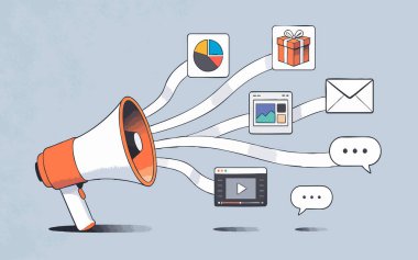 Megafon ve Çoklu Kanal İletişim Simgeleri ile Modern Dijital Pazarlama Konsepti