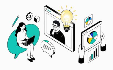 Modern Isometric Business Concept: Dijital İşbirliği, Veri Analizi ve Fikirler