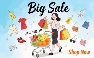 Mutlu Alışverişçiler, Market Arabası ve Moda Ürünleri ile Büyük Yaz Satışı Bayrağı