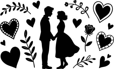 El Çizimi Retro Romantik Siluet Çifti Kalp ve Çiçek Karalamaları Koleksiyonu