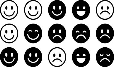 Siyah ve Beyaz Emoji Siluet Simgeleri Set, Basit Duygusal Yüzler, Şeffaf Arkaplan