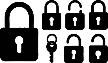 Siyah Asma Kilit ve Anahtar Simgesi Ayarları Kilitli ve Kilitsiz Semboller Saydam Arkaplan