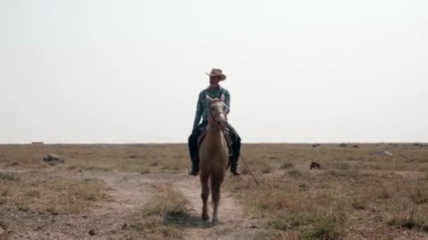 Vaquero Montando Lentamente Tierra Seca — Vídeos de Stock