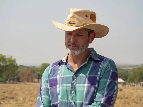 Cowboy is riding his horse on a cattle farm in Brazil with very dry land