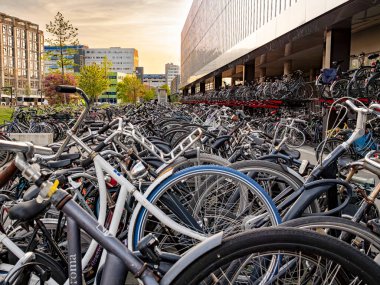 Rows of bicycles at the busy Rotterdam train station bike parking facility. High quality photo