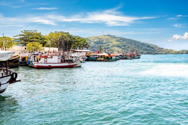 Angra dos Reis, Brezilya 14 Ocak 2026: Brezilya 'nın Angra dos Reis kentindeki yeşil bir dağın önünde demirlemiş renkli balıkçı tekneleri ve arka planda yeşil dağlar