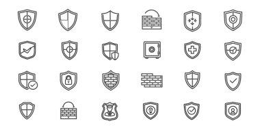 Kalkan simgeleri ayarlandı. Beyaz arkaplanda izole edilmiş ağ için kalkan vektör simgeleri dizisi