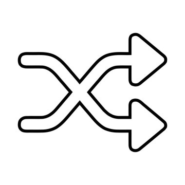 Karıştırma sembolünü (iki çapraz ok) tasvir eden basit siyah ve beyaz vektör çizgisi simgesi. Bu grafik ögesi ortam oynatıcıları, uygulamalar ve arayüzlerde rastgele oynatma veya dizi değiştirme işlevselliğini göstermek için kullanılır.