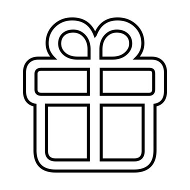 Bir hediye paketinin veya hediye kutusunun yay ile bağlanmış minimalist siyah beyaz vektör çizgisi simgesi. Bu basit, temiz taslak e-ticaret siteleri, bayram ve kutlama grafikleri, doğum günü kartları ve alışveriş veya sadakat programları için mükemmeldir..