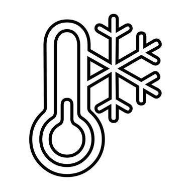 Termometre ve kar taneciklerini birleştiren temiz, minimalist siyah çizgi çizimi. Bu simge soğuk hava, don, dondurucu sıcaklık, kış, iklim, HVAC soğutma ayarlarını veya soğutma.