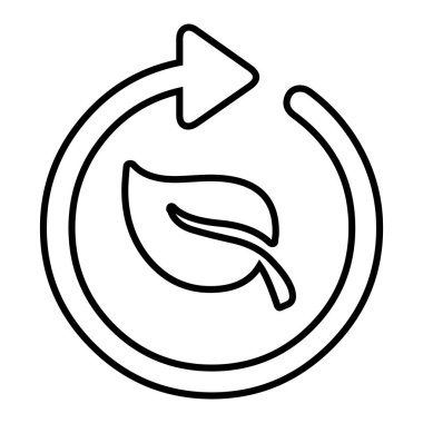 Dinamik dairesel bir okun içine sarılı bir yaprağın temiz, minimalist siyah çizgili sanat çizgisi çizimi. Bu simge sürdürülebilirliği, geri dönüşümü, yenilenmeyi, çevre dostu olmayı, organik ürünleri, yeşil enerjiyi ve çevreyi korumayı sembolize eder.