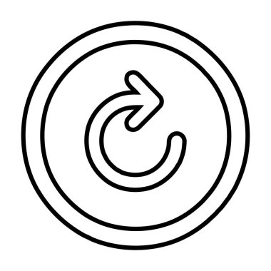Dairesel bir okun dairesel bir daireye çevrilmiş temiz, minimalist siyah çizgisi çizimi. Bu evrensel simge dijital kullanıcı arayüzleri ve uygulamalarında yeniden yapılandırma, tazeleme, yeniden yükleme, tekrarlama veya güncelleme gibi komutları temsil eder.