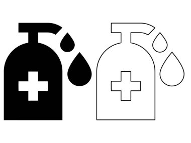 Siyah, katı ve ince dezenfekte edilmiş el dezenfektanı sembolleri ve beyaz arka planda izole edilmiş sıvı damlalar.