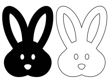 Beyaz arka planda izole edilmiş uzun kulaklı siyah, katı ve ince tavşan kafası simgeleri.