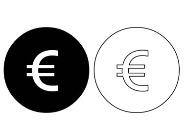 Bankacılık, döviz kuru, ödeme uygulaması UI ve vektör illüstrasyonu için basit finans ve para sembolü, siluet ve taslak stili siyah beyaz Euro para birimi simgesi belirlendi