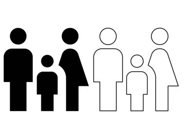 Aile silueti ve ana karakter simgesi siyah beyaz, basit ebeveyn ve çocuk sembolü ev, ebeveynlik, toplum, sigorta, çocuk bakımı hizmetleri ve vektör illüstrasyonu.