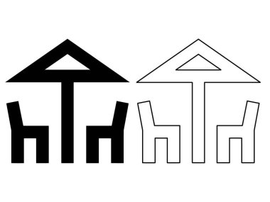 Açık hava restoranı masa ikonu katı ve ana hatlı sette, veranda yemeği, teras oturma ve yaz konukseverliği konsepti şemsiyesi altında kafeterya sandalyelerinin temiz vektör sembolü