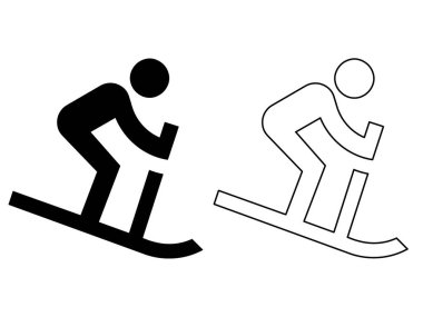 Minimalist kayakçı piktogram simgesi seti aşağı kayak silueti ve anahat sembolleri, kayak merkezi, kar yolculuğu ve macera konsepti için modern kış sporu vektör ilülasyonu