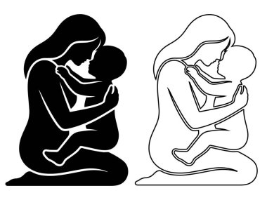 Ana ve bebek vektör simgesi katı siluet ve taslak biçimleriyle ayarlandı. Anneler Günü ve ebeveynlik grafik tasarımı için anne kucağında sevgi sembolü olan bir çocuk..