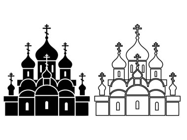 Rus Ortodoks kilisesi vektör simgesi katı siluet ve taslak stilleri ile ayarlandı. Mimari logolar ve dini grafik tasarımı için izole edilmiş soğan kubbeleri sembollü geleneksel katedral.