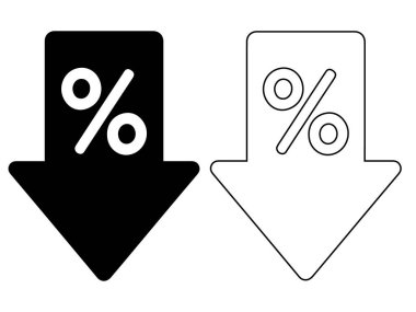 Siyah ve beyaz ok simgesi seti, minimalist indirimli vektör silueti ve fiyat düşüşü, oran düşüşü, satış promosyonu, indirimli teklif ve dış pazarlama tasarımı sembolü