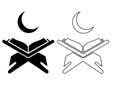 Hilal ay ve ahşap duruş, İslami din vektörü silueti ve Ramazan, dua zamanı, bayram selamlaması, cami tasarımı ve inancı içeren siyah ve beyaz Kuran simgesi.