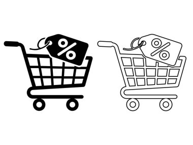 Online mağaza satışı, e-ticaret tanıtımı, fiyat indirimi, nakit ödeme anlaşması ve perakende pazarlama vektörü için yüzde indirimli kupon sembolü içeren siyah-beyaz alışveriş arabası simgesi seti.