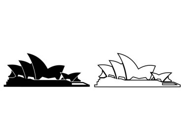 Siyah ve beyaz Sydney Opera Salonu ikonu seti ikonik Avustralya tarihi silueti, seyahat turizmi markalaşması için minimalist mimari sembol, şehrin ufuk çizgisi grafikleri, kültürel miras projeleri ve modern logo tasarımı kullanımını göstermektedir.