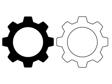 Siyah ve beyaz dişli simgesi mekanik dişli siluetleri, ayarlar, mühendislik süreçleri, otomasyon sistemleri, iş akışı optimizasyonu ve teknoloji tasarım kullanımı için minimalist endüstriyel sembolleri içeren set