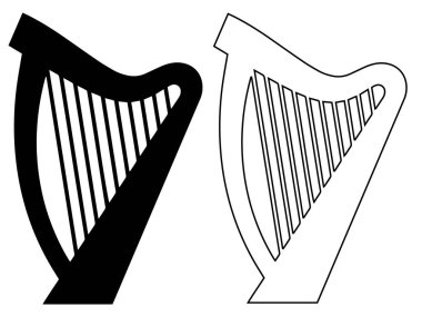 Zarif telli müzik aleti siluetleri, orkestra, konser posterleri, eğitim materyalleri, kültürel markalaşma ve logo tasarımı kullanımı için minimalist klasik müzik sembolleri içeren siyah ve beyaz arp simgesi seti