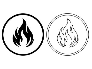 Çemberin içinde yanan bir alevi temsil eden vektör simgeleri kümesi, katı siyah siluet ve doğrusal çizgili sanat tarzında dizayn edilmiş ısı, enerji ve tehlikeyi temsil eder..