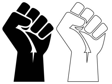 Sert siyah siluet ve doğrusal ana hatlar içeren, protesto ve devrim kavramları için ideal güç ve gücü sembolize eden yükseltilmiş yumrukların vektör illüstrasyon seti.