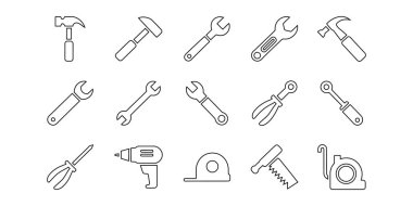 Çekiç, anahtar, tornavida, matkap ve mezura, DIY projeleri, ev geliştirme uygulamaları, kılavuzlar, bilgi grafikleri ve modern UI tasarımı gibi minimalist tasarım ve onarım araçları seti.