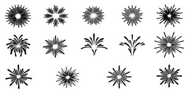 Soyut çiçek ve havai fişek şekilli siyah yıldız patlaması siluetleri, klasik tasarım için ideal dekoratif radyal simgeler, logolar, etiketler, desenler, rozetler, dövmeler ve yaratıcı grafik arkaplanlar.