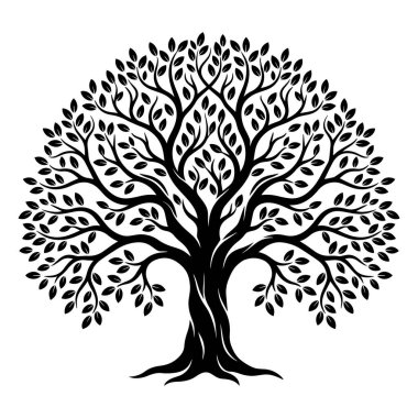 Dalları ve kökleri akan siyah yaşam siluetinin ayrıntılı kara ağacı, ruhani kavramlar, aile mirası temaları, farkındalık tasarımları, logolar ve dekoratif altyapılar için ideal sembolik doğa çizimi