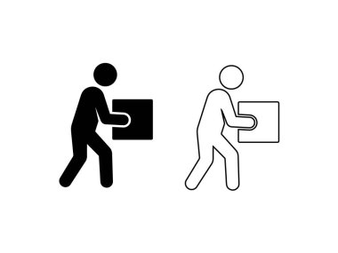Minimalist Kurye Taşıma Kişi Silueti Paket Kutusu Siyah ve Beyaz Vektör Simgesi