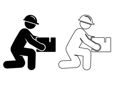 Siyah ve Beyaz Minimalist Vektör Biçiminde Tuğla Siluet Simgesi Ayarlı İnşaat İşçisi