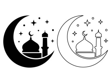 Cami ve Minaret Silueti ile İslam Hilal Ayı Ramazan Kareem ve Kurban Bayramı Tasarımı Simgesi
