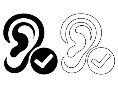 Onaylanmış işaretli işaret vektör simgesine sahip insan kulağı katı siyah ve dış hat biçimlerinde ayarlandı