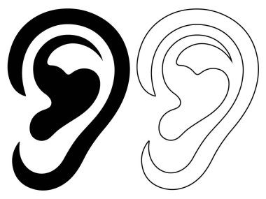 İnsan kulağı anatomisi parçası simge vektörü katı siyah ve dış hat biçimlerinde ayarlandı