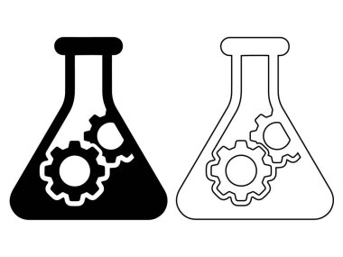 Birbirine kenetlenmiş Vites Temsili Mühendislik Yeniliği ve Bilimsel Araştırma içeren Laboratuvar Şişesinin Siyah ve Beyaz Vektör İlülasyonu