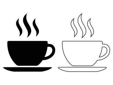 Sıcak dumanı tüten bir kahve fincanı ve saf siyah siluet tabağı içeren vektör simgesi seti ve sabah molası, kafe kahvaltısı ve çay saati dinlenmesini temsil eden doğrusal ana hatlar..