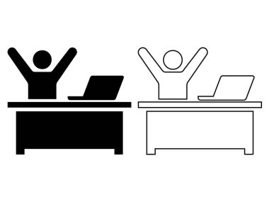 Zaferi ve başarıyı kutlayan mutlu bir iş adamını içeren vektör simgesi seti ofis masasında koyu siyah siluet ve doğrusal ana hatlar şeklinde bir dizüstü bilgisayarla..