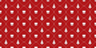 Kırmızı arkaplanda beyaz Noel simgeleri deseni var. Ağaçlar, hediye ve kar taneleri kusursuz bir şekilde yineleniyor..