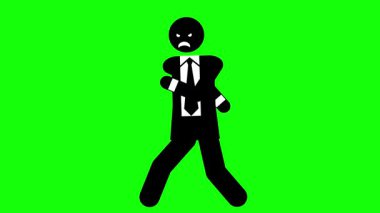 Yürüyen bir yöneticinin minimalist stickman piktogramı (kızgın ifade), alfa kanalı ve yeşil ekran arka planı.