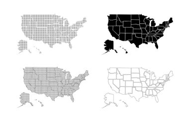 Beyaz zemin üzerinde izole edilmiş durumlara sahip ABD Haritası seti