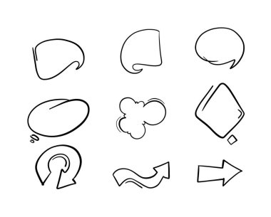 Kabarcık metin ve ok baloncuklarından oluşan vektör el çizimi