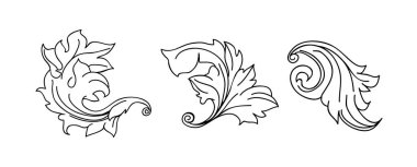 Klasik barok kabartma çiçek tomarı süsü. Girdap yaprağı süsü, çerçeve yaprağı, çiçekli yaprak seti..