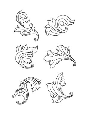 Klasik barok kabartma çiçek tomarı süsü. Girdap yaprağı süsü, çerçeve yaprağı, çiçekli yaprak seti..